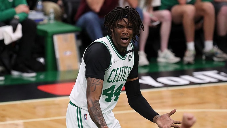 Jun 16, 2022; Boston, Massachusetts, USA; Boston Celtics center Robert Williams III (44) reacts after a foul during the first quarter of game six in the 2022 NBA Finals against the Golden State Warriors at the TD Garden. Mandatory Credit: Paul Rutherford-USA TODAY Sports