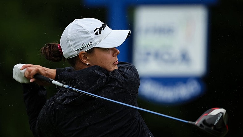 Jun 23, 2022; Bethesda, Maryland, USA; Esther Henseleit plays her shot from the 11th tee during the first round of the KPMG Women's PGA Championship golf tournament at Congressional Country Club. Mandatory Credit: Scott Taetsch-USA TODAY Sports