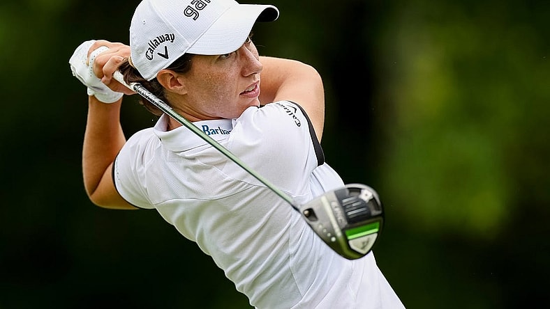 Jun 23, 2022; Bethesda, Maryland, USA; Carlota Ciganda plays her shot from the 11th tee during the first round of the KPMG Women's PGA Championship golf tournament at Congressional Country Club. Mandatory Credit: Scott Taetsch-USA TODAY Sports