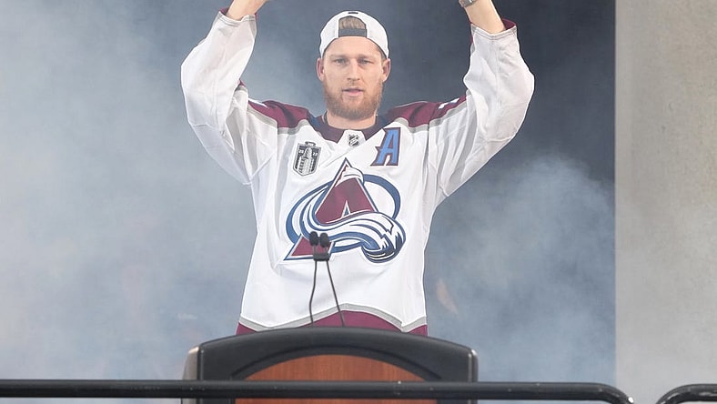 Jun 30, 2022; Denver, Colorado, USA; Colorado Avalanche center Nathan MacKinnon (29) during the Stanley Cup Championship Celebration. Mandatory Credit: Ron Chenoy-USA TODAY Sports