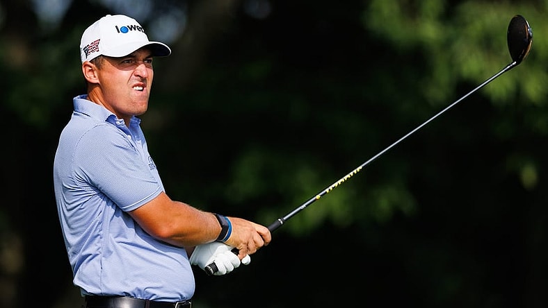 Jul 7, 2022; Nicholasville, Kentucky, USA; Justin Lower watches his shot from the third tee during the first round of the Barbasol Championship golf tournament. Mandatory Credit: Jordan Prather-USA TODAY Sports