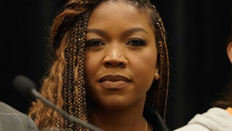 Jul 8, 2022; Chicago, IL, USA; Cherelle Griner spouse of Brittney Griner  during a press conference  addressing the detention of Brittney Griner in Russia at Hyatt Regency at McCormick Place. Mandatory Credit: David Banks-USA TODAY Sports
