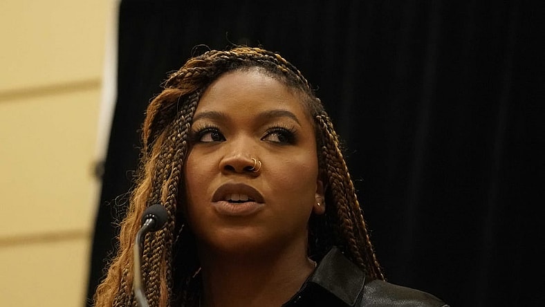 Jul 8, 2022; Chicago, IL, USA; Cherelle Griner spouse of Brittney Griner  during a press conference  addressing the detention of Brittney Griner in Russia at Hyatt Regency at McCormick Place. Mandatory Credit: David Banks-USA TODAY Sports
