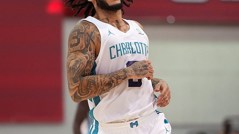 Jul 13, 2022; Las Vegas, NV, USA; Charlotte Hornets forward LiAngelo Ball (8) looks on during an NBA Summer League game against the Cleveland Cavaliers at Cox Pavilion. Mandatory Credit: Stephen R. Sylvanie-USA TODAY Sports