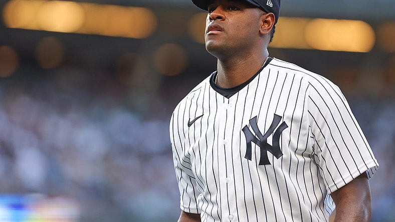 Jul 13, 2022; Bronx, New York, USA; New York Yankees starting pitcher Luis Severino (40) walks off the field after the second inning against the Cincinnati Reds at Yankee Stadium. Mandatory Credit: Vincent Carchietta-USA TODAY Sports