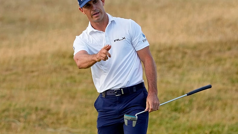 Jul 15, 2022; St. Andrews, SCT; Billy Horschel reacts after a shot on the 17th hole during the second round of the 150th Open Championship golf tournament at St. Andrews Old Course. Mandatory Credit: Michael Madrid-USA TODAY Sports