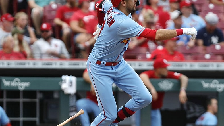 Jul 23, 2022; Cincinnati, Ohio, USA; St. Louis Cardinals center fielder Dylan Carlson (3) runs after hitting a double against the Cincinnati Reds during the third inning at Great American Ball Park. Mandatory Credit: David Kohl-USA TODAY Sports