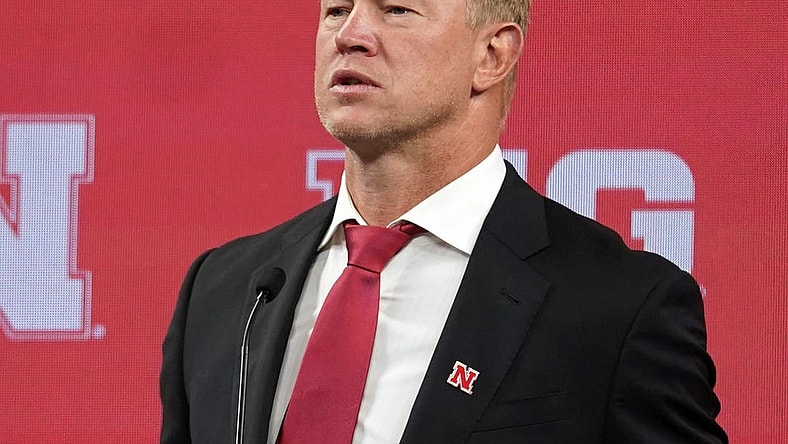 Jul 26, 2022; Indianapolis, IN, USA;  Nebraska Cornhuskers head coach Scott Frost talks to the media during Big 10 football media days at Lucas Oil Stadium. Mandatory Credit: Robert Goddin-USA TODAY Sports