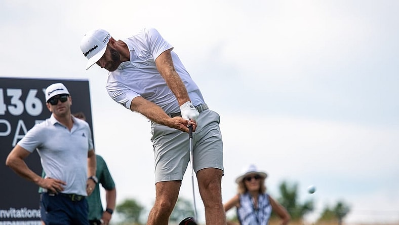 Jul 28, 2022; Bedminster, NJ, USA; Dustin Johnson (USA) hits a tee shot on hole 2 during the LIV Invitational Pro-Am at Trump National Golf Club Bedminster. Mandatory Credit: John Jones-USA TODAY Sports