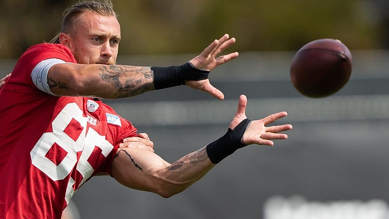 Jul 29, 2022; Santa Clara, CA, USA;  San Francisco 49ers tight end George Kittle (85) makes a catch during training camp at the SAP Performance Facility near Levi Stadium. Mandatory Credit: Stan Szeto-USA TODAY Sports