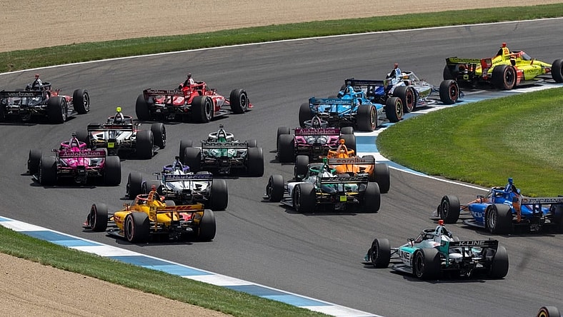 Cars on the track at the Indianapolis Motor Speedway, Saturday, July 30, 2022, during the Gallagher Grand Prix.