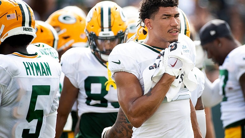 Green Bay Packers wide receiver Allen Lazard (13) wipes the sweat off his face during training camp on Monday, Aug. 1, 2022, at Ray Nitschke Field in Ashwaubenon, Wisconsin. Samantha Madar/USA TODAY NETWORK-Wis.

Gpg Training Camp 08012022 0004