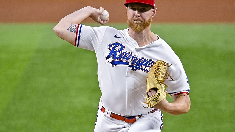 Aug 1, 2022; Arlington, Texas, USA; Texas Rangers starting pitcher Jon Gray (22) in action during the game between the Texas Rangers and the Baltimore Orioles at Globe Life Field. Mandatory Credit: Jerome Miron-USA TODAY Sports