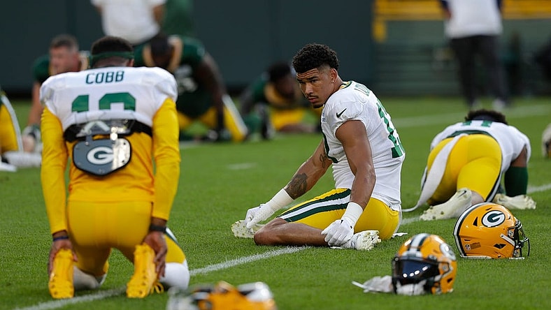 Green Bay Packers wide receiver Allen Lazard (13) stretches during Packers Family Night at Lambeau Field on Aug. 5, 2022, in Green Bay, Wis.

Gpg Familynight 080522 Sk39