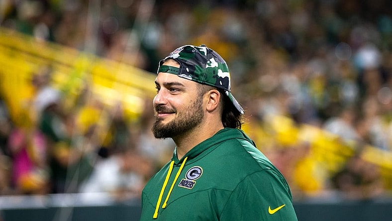 Green Bay Packers tackle David Bakhtiari (69) smiles at fans during Packers Family Night on Friday, Aug. 5, 2022, at Lambeau Field in Green Bay, Wis. Samantha Madar/USA TODAY NETWORK-Wis.

Gpg Family Night 08052022 00034