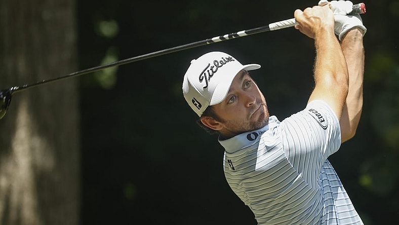 Aug 7, 2022; Greensboro, North Carolina, USA; Davis Riley tees off on the second tee during the final round of the Wyndham Championship golf tournament. Mandatory Credit: Nell Redmond-USA TODAY Sports