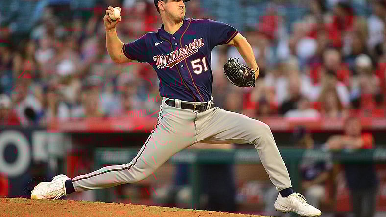 Aug 12, 2022; Anaheim, California, USA; Minnesota Twins starting pitcher Tyler Mahle (51) throws against the Los Angeles Angels during the third inning at Angel Stadium. Mandatory Credit: Gary A. Vasquez-USA TODAY Sports