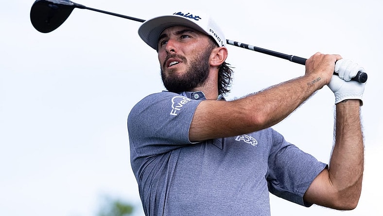 Aug 19, 2022; Wilmington, Delaware, USA; Max Homa plays his shot from the ninth tee during the second round of the BMW Championship golf tournament. Mandatory Credit: Bill Streicher-USA TODAY Sports