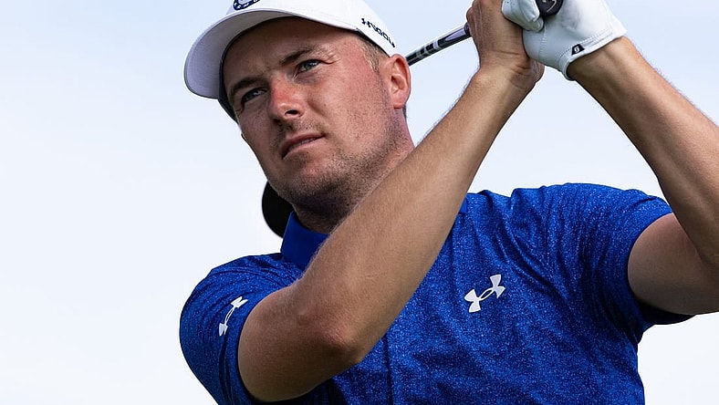 Aug 19, 2022; Wilmington, Delaware, USA; Jordan Spieth plays his shot from the ninth tee during the second round of the BMW Championship golf tournament. Mandatory Credit: Bill Streicher-USA TODAY Sports