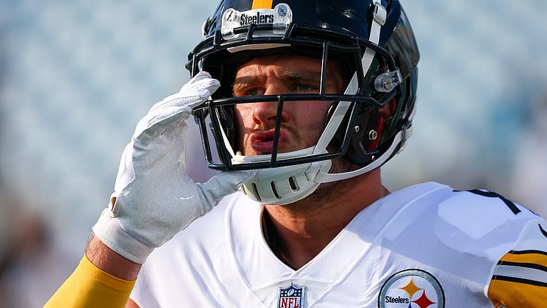 Aug 20, 2022; Jacksonville, Florida, USA; Pittsburgh Steelers linebacker T.J. Watt (90) looks on before a game against the Jacksonville Jaguars at TIAA Bank Field. Mandatory Credit: Nathan Ray Seebeck-USA TODAY Sports