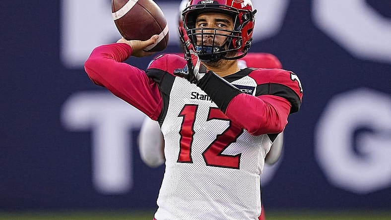 Aug 20, 2022; Toronto, Ontario, CAN; Calgary Stampeders quarterback Jake Maier (12) warms up before a game against the Toronto Argonauts at BMO Field. Mandatory Credit: John E. Sokolowski-USA TODAY Sports