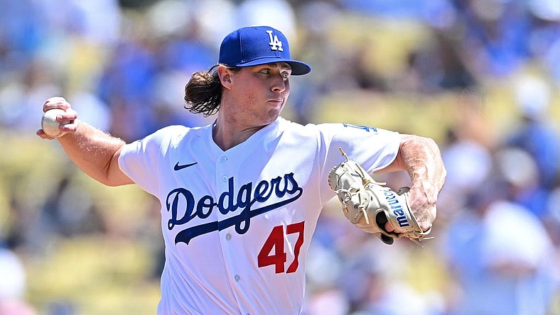 Aug 21, 2022; Los Angeles, California, USA;  Los Angeles Dodgers starting pitcher Ryan Pepiot (47) throws to the plate in the first inning against the Miami Marlins at Dodger Stadium. Mandatory Credit: Jayne Kamin-Oncea-USA TODAY Sports