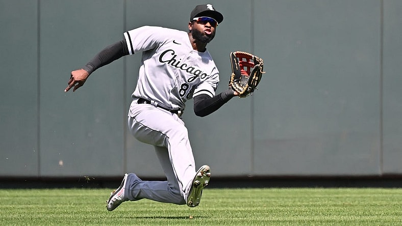 Aug 22, 2022; Kansas City, Missouri, USA;  Chicago White Sox center fielder Luis Robert (88) makes a sliding catch during the third inning against the Kansas City Royals at Kauffman Stadium. Mandatory Credit: Peter Aiken-USA TODAY Sports