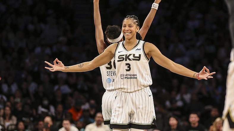Aug 23, 2022; Brooklyn, New York, USA; Chicago Sky forward Candace Parker (3) celebrates in the fourth quarter against the New York Liberty at Barclays Center. Mandatory Credit: Wendell Cruz-USA TODAY Sports