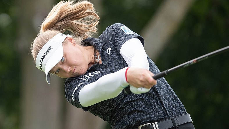 Aug 25, 2022; Ottawa, Ontario, CAN; Brooke Henderson of Canada tees off during the first round of the CP Women's Open golf tournament. Mandatory Credit: Marc DesRosiers-USA TODAY Sports