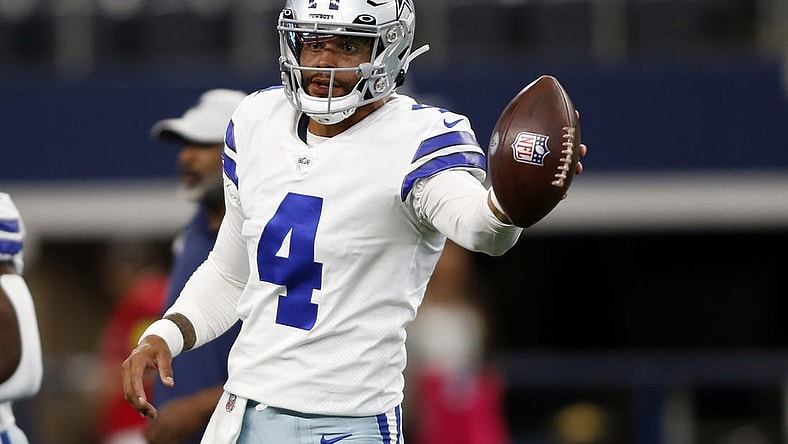 Aug 26, 2022; Arlington, Texas, USA; Dallas Cowboys quarterback Dak Prescott (4) on the field before the game against the Seattle Seahawks at AT&T Stadium. Mandatory Credit: Tim Heitman-USA TODAY Sports
