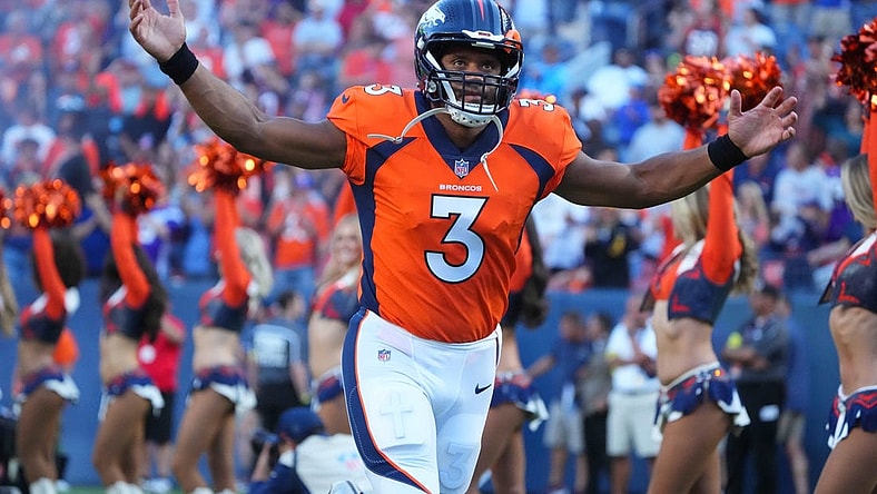 Aug 27, 2022; Denver, Colorado, USA; Denver Broncos quarterback Russell Wilson (3) prior to the start of the game against the Minnesota Vikings at Empower Field at Mile High. Mandatory Credit: Ron Chenoy-USA TODAY Sports