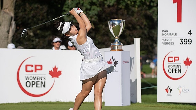 Aug 28, 2022; Ottawa, Ontario, CAN; Lucy Li from the United States tees off on the 1st hole during the final round of the CP Women's Open golf tournament. Mandatory Credit: Marc DesRosiers-USA TODAY Sports
