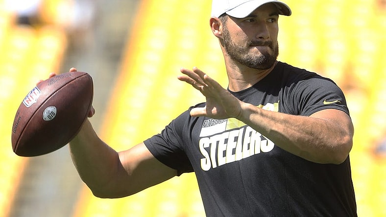 Aug 28, 2022; Pittsburgh, Pennsylvania, USA;  Pittsburgh Steelers quarterback Mitch Trubisky (10) warms up before the game against the Detroit Lions at Acrisure Stadium. Mandatory Credit: Charles LeClaire-USA TODAY Sports