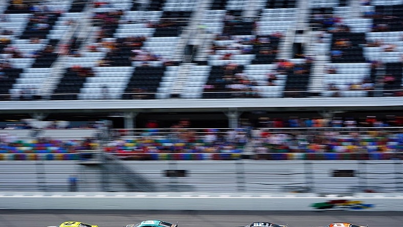 Aug 28, 2022; Daytona Beach, Florida, USA; NASCAR Cup Series driver Austin Cindric (2) and driver Austin Dillon (3) ,  driver Noah Gragson (62) and driver Tyler Reddick (8) race in the trioval during the Coke Zero Sugar 400 at Daytona International Speedway. Mandatory Credit: John David Mercer-USA TODAY Sports