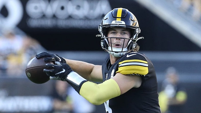 Aug 28, 2022; Pittsburgh, Pennsylvania, USA;  Pittsburgh Steelers quarterback Kenny Pickett (8) passes the ball against the Detroit Lions during the third quarter at Acrisure Stadium. Mandatory Credit: Charles LeClaire-USA TODAY Sports