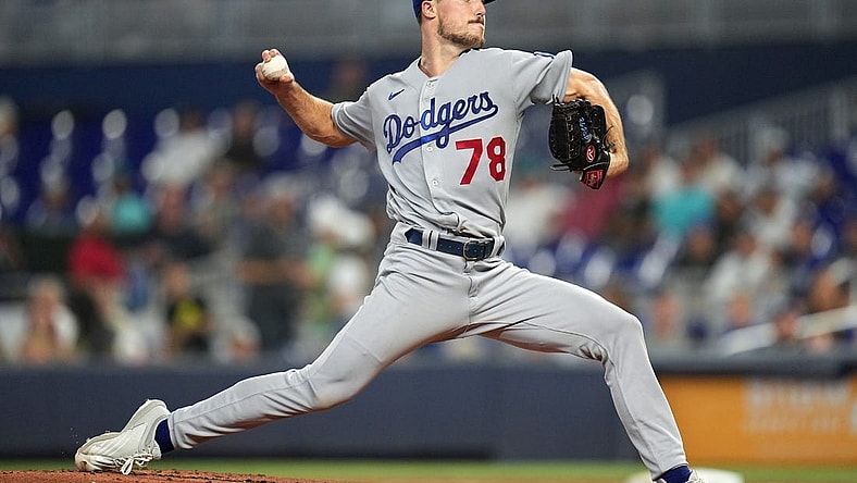 Aug 29, 2022; Miami, Florida, USA; Los Angeles Dodgers starting pitcher Michael Grove (78) delivers against the Miami Marlins in the first inning at loanDepot Park. Mandatory Credit: Jim Rassol-USA TODAY Sports