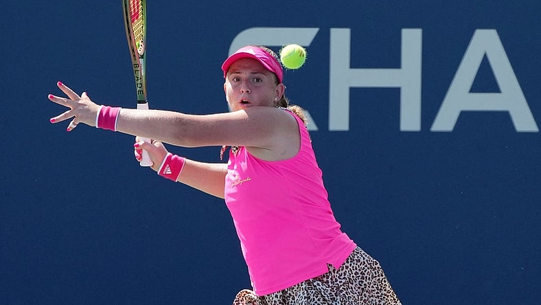 Aug 30, 2022; Flushing, NY, USA; Jelena Ostapenko of Latvia hits a shot against Qinwen Zheng of China on day two of the 2022 U.S. Open tennis tournament at USTA Billie Jean King National Tennis Center. Mandatory Credit: Jerry Lai-USA TODAY Sports