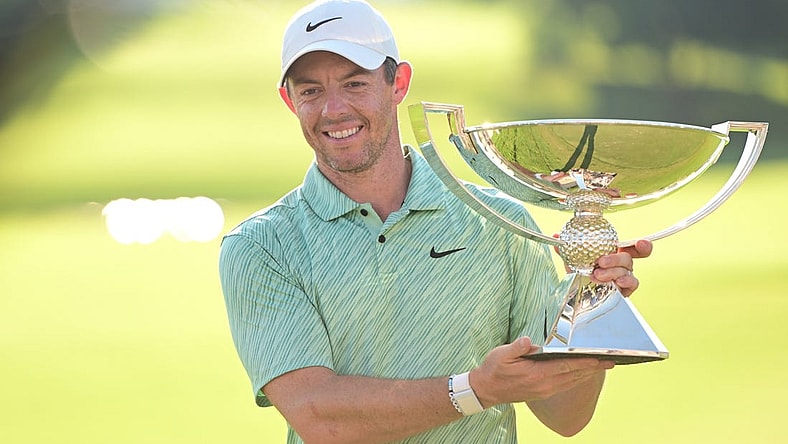 Aug 28, 2022; Atlanta, Georgia, USA; Rory McIlroy poses with the FedEx Trophy after winning the TOUR Championship golf tournament. Mandatory Credit: Adam Hagy-USA TODAY Sports