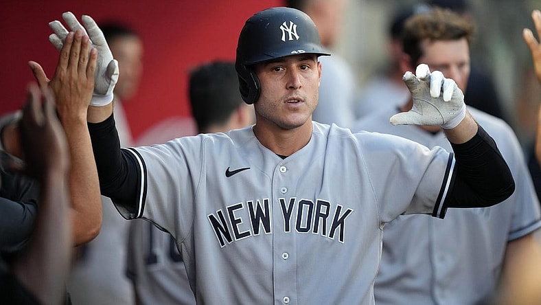 Aug 30, 2022; Anaheim, California, USA; New York Yankees first baseman Anthony Rizzo (48) celebrates after hitting a solo home run in the second inning as Los Angeles Angels catcher Max Stassi (33) wqtches at Angel Stadium. Mandatory Credit: Kirby Lee-USA TODAY Sports