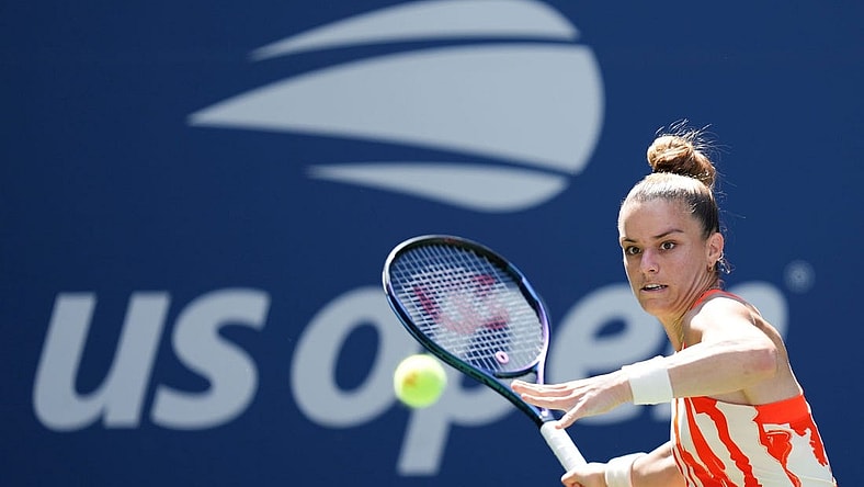 Aug 31, 2022; Flushing, NY, USA; Maria Sakkari of Greece hits to Xiyu Wang of China on day three of the 2022 U.S. Open tennis tournament at USTA Billie Jean King Tennis Center. Mandatory Credit: Danielle Parhizkaran-USA TODAY Sports