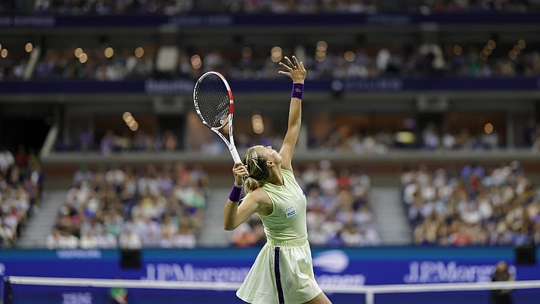 Aug 31, 2022; Flushing, NY, USA; Anett Kontaveit (EST) serves against Serena Williams (USA) (not pictured) on day three of the 2022 U.S. Open tennis tournament at USTA Billie Jean King Tennis Center. Mandatory Credit: Geoff Burke-USA TODAY Sports
