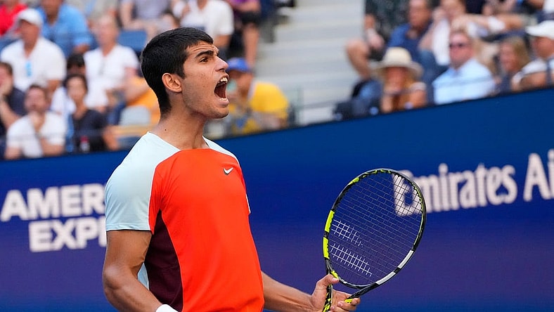 Sept 1, 2022; Flushing, NY, USA;  Carlos Alcaraz of Spain after beating Federico Coria of Argentina on day four of the 2022 U.S. Open tennis tournament at USTA Billie Jean King National Tennis Center. Mandatory Credit: Robert Deutsch-USA TODAY Sports