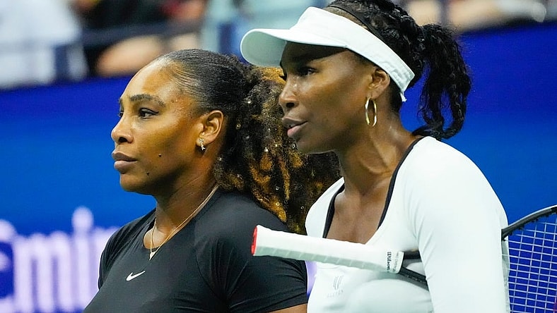 Sept 1, 2022; Flushing, NY, USA;  Serena Williams and Venus Williams of the USA play Lucie Hradecka and Linda Noskova of the Czech Republic in Woman's Doubles on day four of the 2022 U.S. Open tennis tournament at USTA Billie Jean King National Tennis Center. Mandatory Credit: Robert Deutsch-USA TODAY Sports