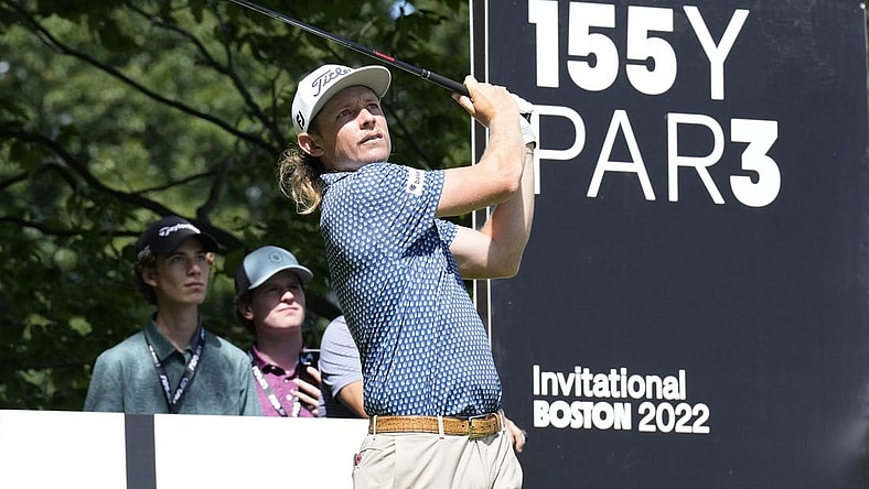 Sep 1, 2022; Boston, Massachusetts, USA; Cameron Smith hits tee shot on hole 13 during the Pro-Am round of the LIV Golf tournament at The International. Mandatory Credit: Richard Cashin-USA TODAY Sports