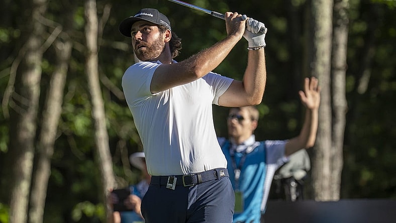 Sep 2, 2022; Boston, Massachusetts, USA; joint leader after the first round Matthew Wolff hitting his tee shot on the 15th hole during the first round of the LIV Golf tournament at The International. Mandatory Credit: Richard Cashin-USA TODAY Sports