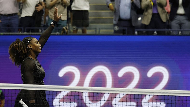 Sep 2, 2022; Flushing, NY, USA; Serena Williams (USA) waves to the crowd after her match against Ajla Tomljanovic (AUS) (not pictured) on day five of the 2022 U.S. Open tennis tournament at USTA Billie Jean King Tennis Center. Mandatory Credit: Geoff Burke-USA TODAY Sports