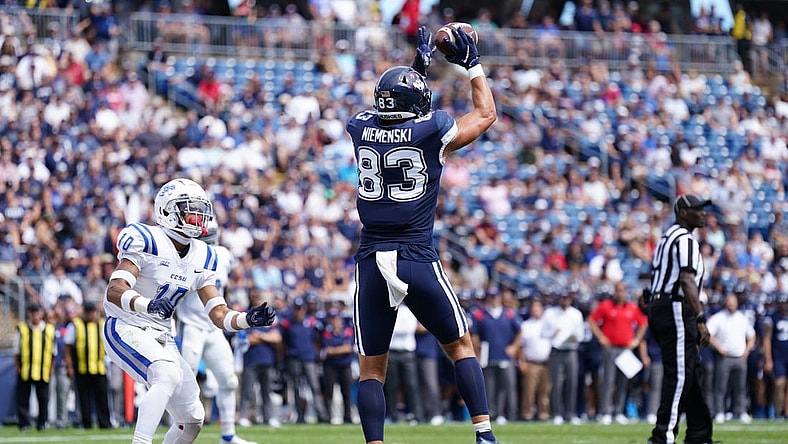 Sep 3, 2022; East Hartford, Connecticut, USA; Connecticut Huskies tight end Brandon Niemenski (83) makes the touchdown catch against the Central Connecticut State Blue Devils in the second quarter at Rentschler Field at Pratt & Whitney Stadium. Mandatory Credit: David Butler II-USA TODAY Sports