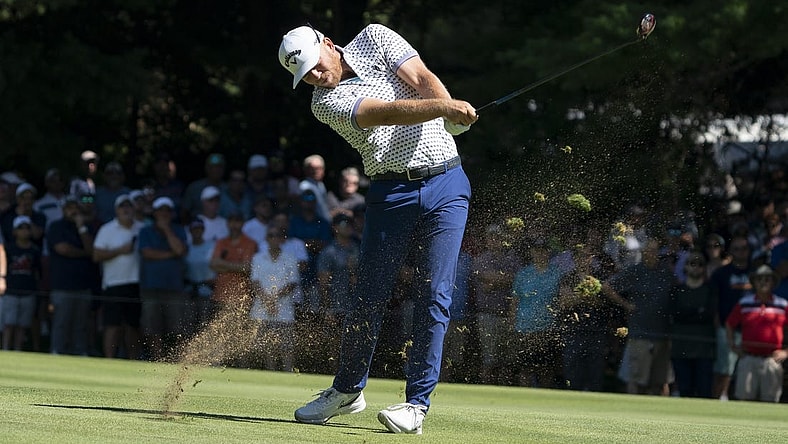 Sep 3, 2022; Boston, Massachusetts, USA; Talor Gooch playing his second shot on the fairway on hole 1 during the second round of the LIV Golf tournament at The International. Mandatory Credit: Richard Cashin-USA TODAY Sports