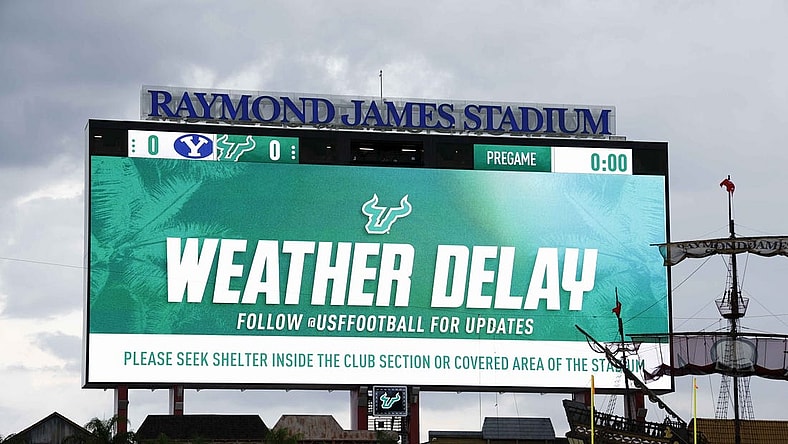 Sep 3, 2022; Tampa, Florida, USA; General view of the jumbotron showing advising of a weather delay of the game between the South Florida Bulls and the Brigham Young Cougars at Raymond James Stadium. Mandatory Credit: Douglas DeFelice-USA TODAY Sports