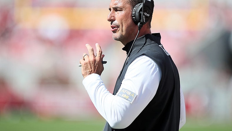 Sep 3, 2022; Fayetteville, Arkansas, USA; Cincinnati Bearcats head coach Luke Fickell during the second quarter against the Arkansas Razorbacks at Donald W. Reynolds Razorback Stadium. Mandatory Credit: Nelson Chenault-USA TODAY Sports